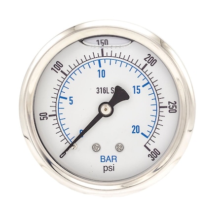 Pro 2 1/2 in Dial, 0/300 PSI & Bar, 1/4 in NPT, Back Mount Glycerin Filled Pressure Gauge PRO-302L-254H-01